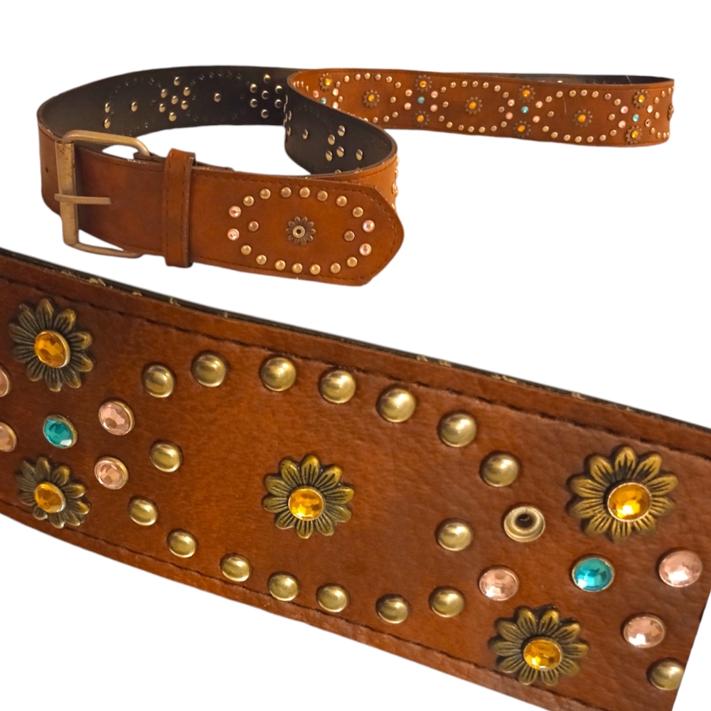 Plus Size Woman's Brown Leather Belt Jeweled Flowers Western Bling 56 inches